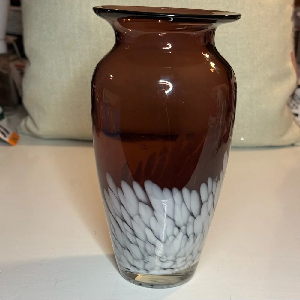Purple and White Vtg Tall Vase Magnificent Plum Hand Blown Art Glass.